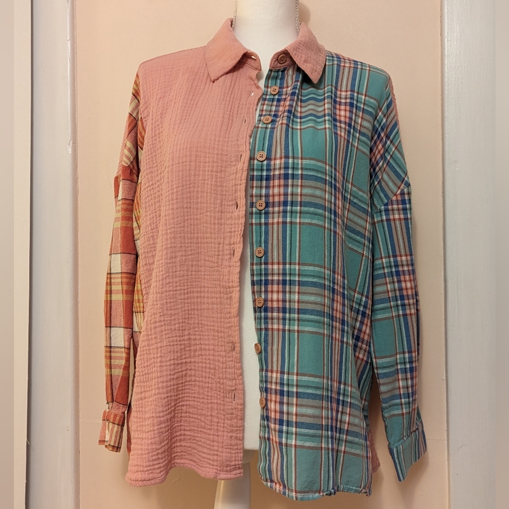 Pastel 100% cotton colour block plaid shirt button collared down oversized small - Picture 4 of 16